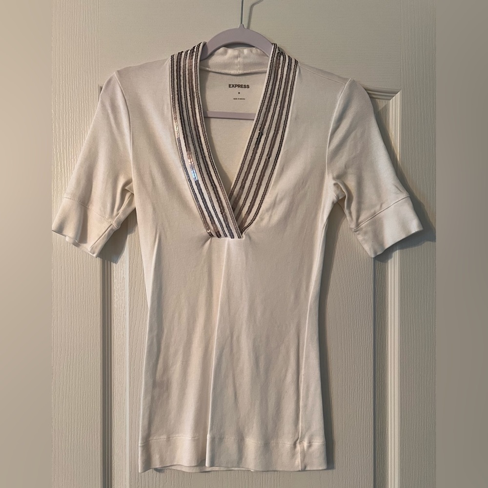 Express white top with sequined v neck